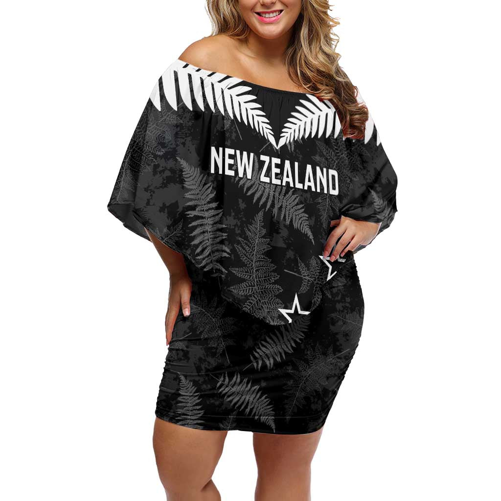 Custom New Zealand Silver Fern Football Family Matching Off Shoulder Short Dress and Hawaiian Shirt Go Aotearoa Grunge Black LT14 Mom's Dress Black - Polynesian Pride