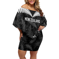 Custom New Zealand Silver Fern Football Family Matching Off Shoulder Short Dress and Hawaiian Shirt Go Aotearoa Grunge Black LT14 Mom's Dress Black - Polynesian Pride