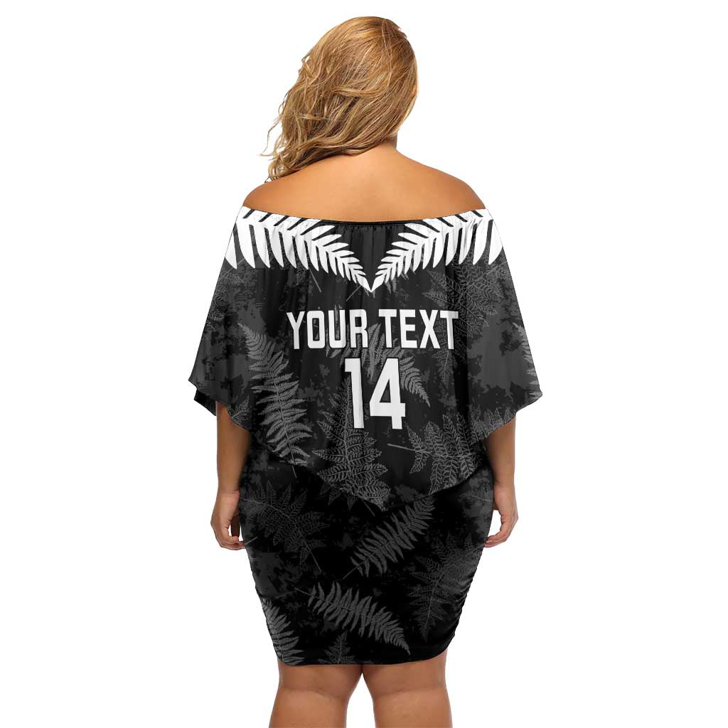 Custom New Zealand Silver Fern Football Family Matching Off Shoulder Short Dress and Hawaiian Shirt Go Aotearoa Grunge Black LT14 - Polynesian Pride