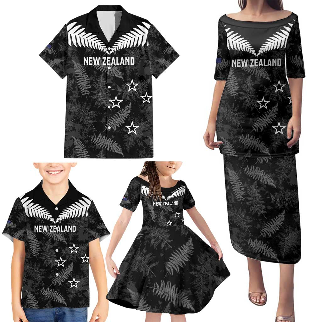 Custom New Zealand Silver Fern Football Family Matching Puletasi and Hawaiian Shirt Go Aotearoa Grunge Black LT14 - Polynesian Pride