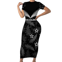 Custom New Zealand Silver Fern Football Family Matching Short Sleeve Bodycon Dress and Hawaiian Shirt Go Aotearoa Grunge Black LT14 Mom's Dress Black - Polynesian Pride