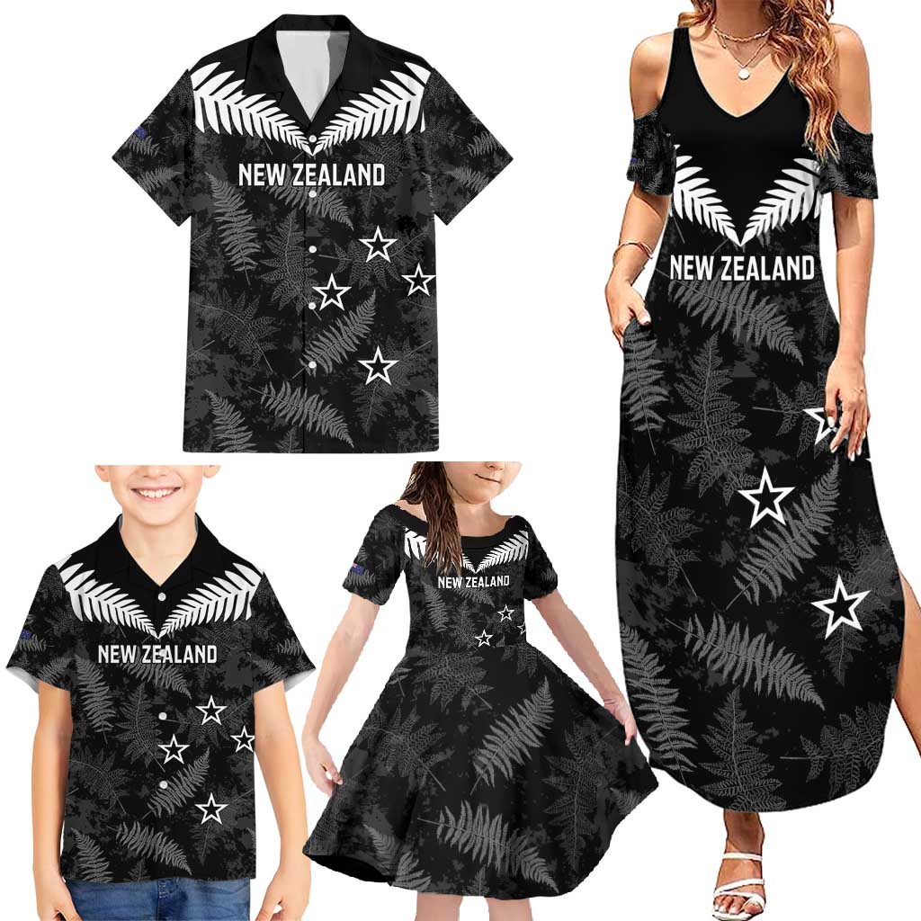 Custom New Zealand Silver Fern Football Family Matching Summer Maxi Dress and Hawaiian Shirt Go Aotearoa Grunge Black LT14 - Polynesian Pride