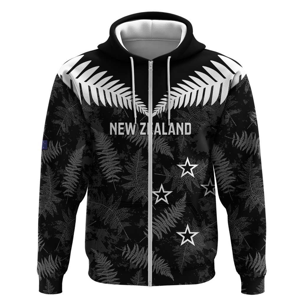 Custom New Zealand Silver Fern Football Hoodie Go Aotearoa Grunge Black LT14 Zip Hoodie Black - Polynesian Pride