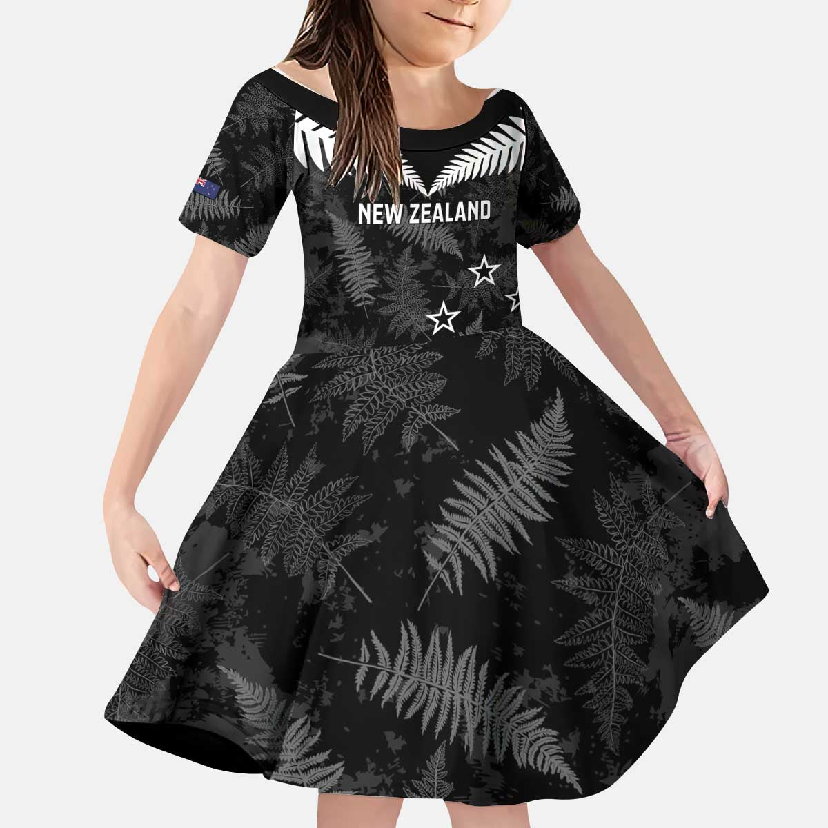 Custom New Zealand Silver Fern Football Kid Short Sleeve Dress Go Aotearoa Grunge Black LT14 KID Black - Polynesian Pride