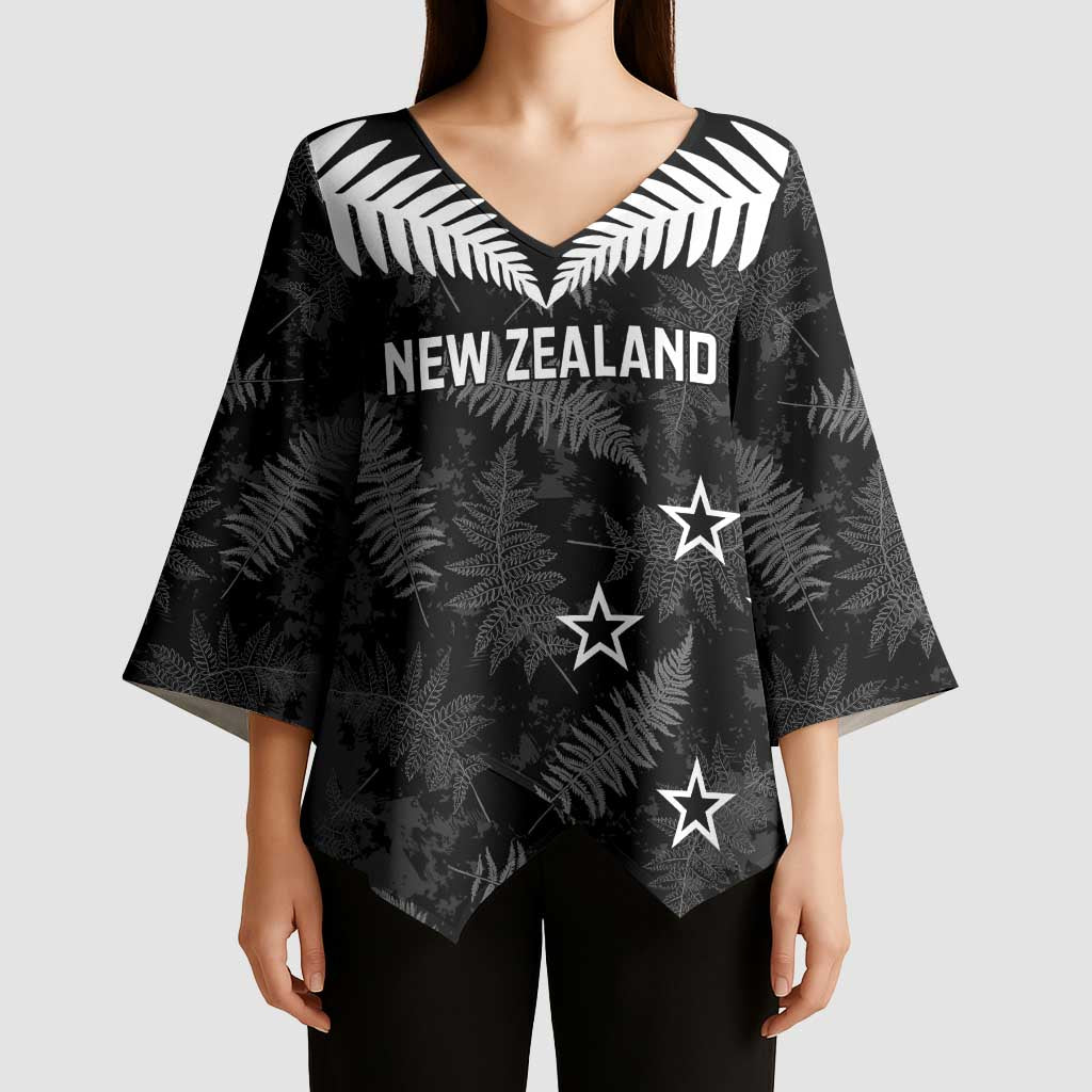 Custom New Zealand Silver Fern Football Kimono Sleeve Blouse Go Aotearoa Grunge Black LT14 - Polynesian Pride