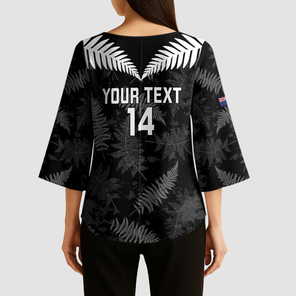 Custom New Zealand Silver Fern Football Kimono Sleeve Blouse Go Aotearoa Grunge Black LT14 - Polynesian Pride