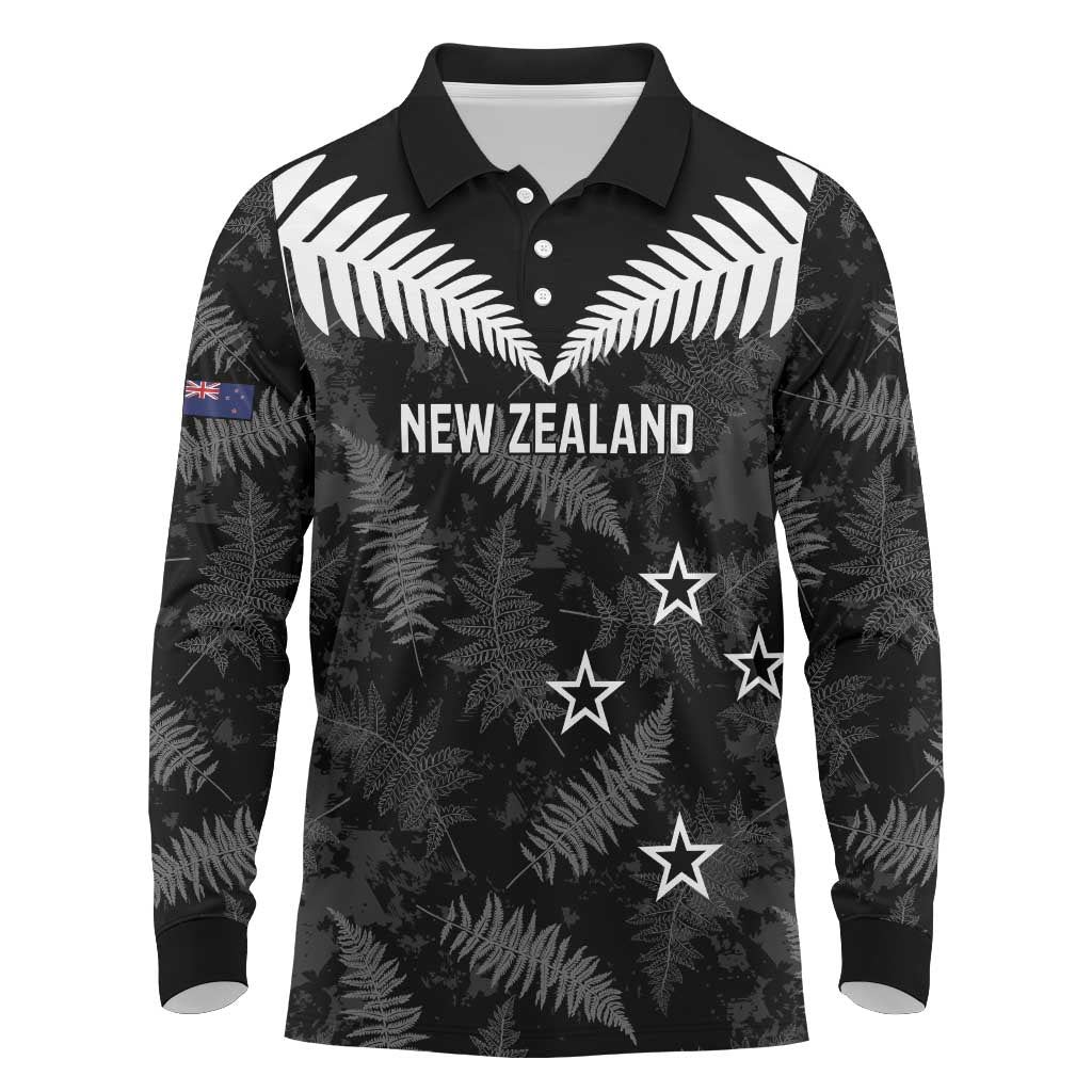 Custom New Zealand Silver Fern Football Long Sleeve Polo Shirt Go Aotearoa Grunge Black LT14 Black - Polynesian Pride