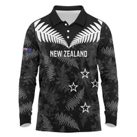 Custom New Zealand Silver Fern Football Long Sleeve Polo Shirt Go Aotearoa Grunge Black LT14 Black - Polynesian Pride