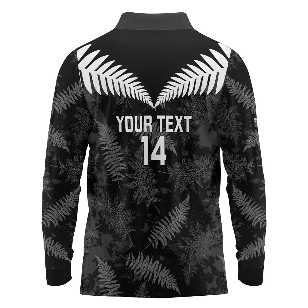 Custom New Zealand Silver Fern Football Long Sleeve Polo Shirt Go Aotearoa Grunge Black LT14 - Polynesian Pride