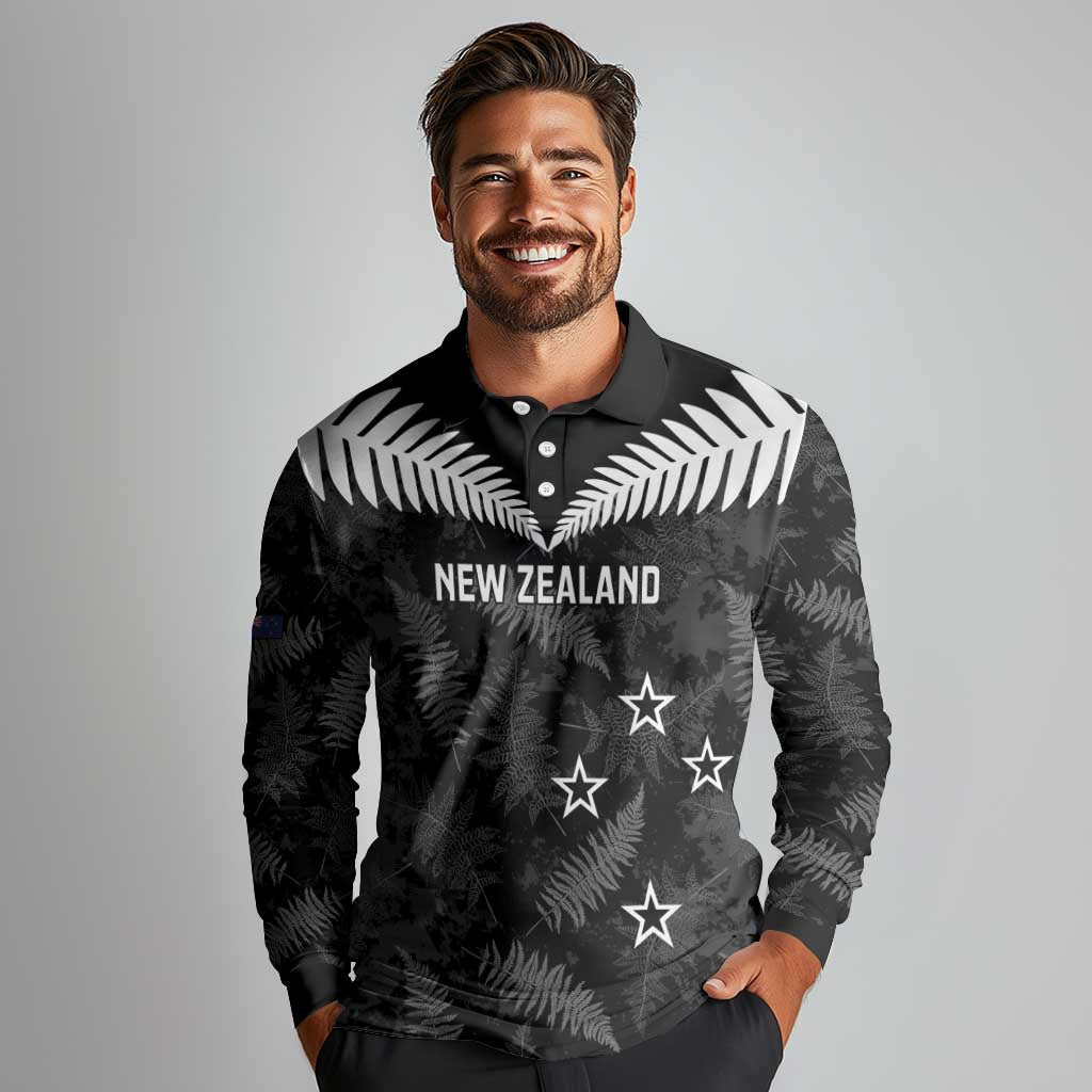 Custom New Zealand Silver Fern Football Long Sleeve Polo Shirt Go Aotearoa Grunge Black LT14 - Polynesian Pride