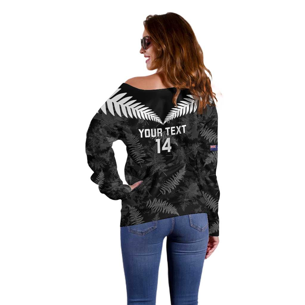 Custom New Zealand Silver Fern Football Off Shoulder Sweater Go Aotearoa Grunge Black LT14 - Polynesian Pride