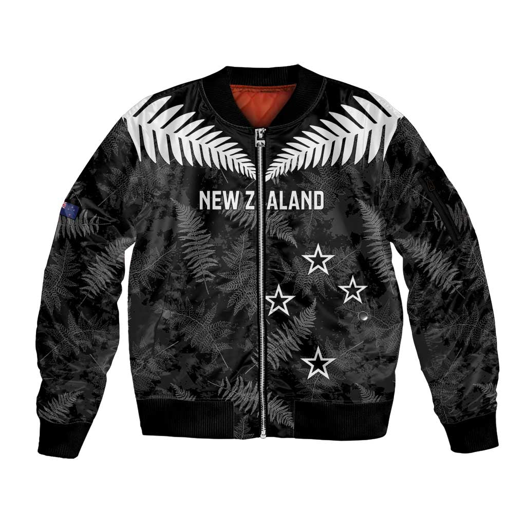 Custom New Zealand Silver Fern Football Sleeve Zip Bomber Jacket Go Aotearoa Grunge Black LT14 Unisex Black - Polynesian Pride