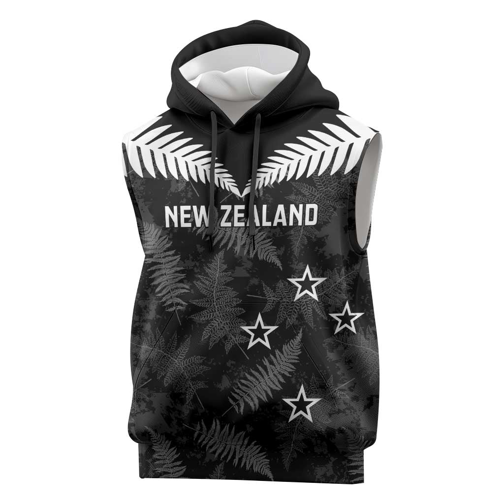 Custom New Zealand Silver Fern Football Sleeveless Hoodie Go Aotearoa Grunge Black LT14 Black - Polynesian Pride