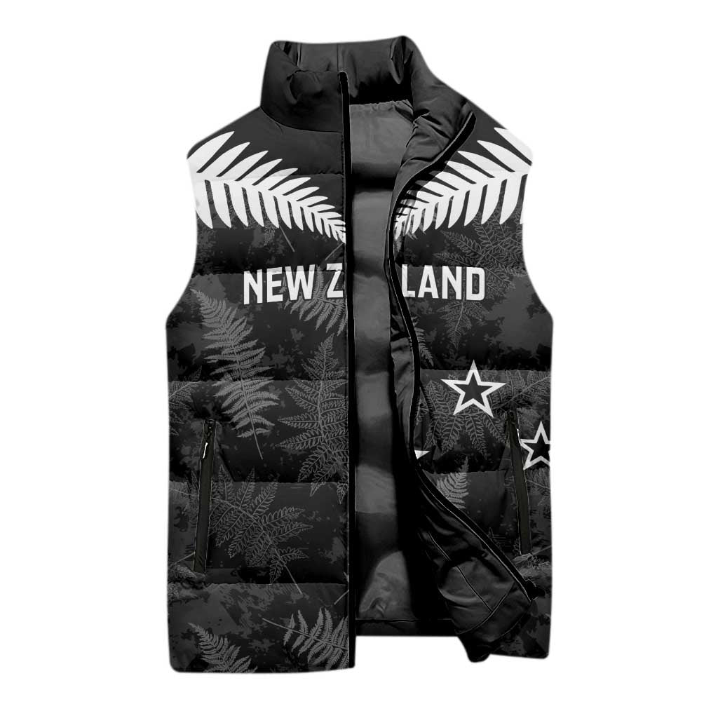 Custom New Zealand Silver Fern Football Sleeveless Puffer Jacket Go Aotearoa Grunge Black LT14 - Polynesian Pride