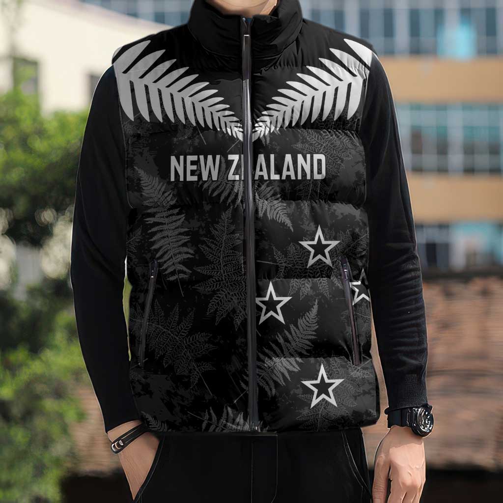 Custom New Zealand Silver Fern Football Sleeveless Puffer Jacket Go Aotearoa Grunge Black LT14 - Polynesian Pride