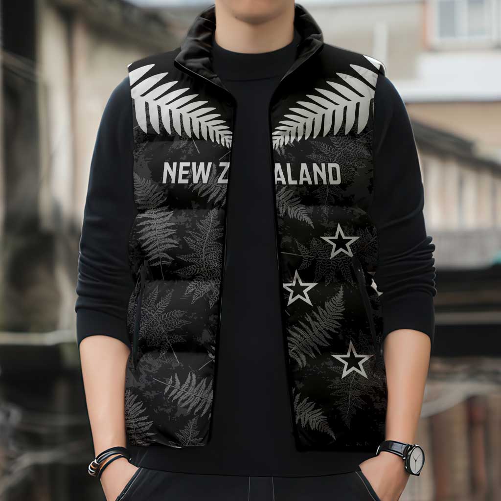 Custom New Zealand Silver Fern Football Sleeveless Puffer Jacket Go Aotearoa Grunge Black LT14 - Polynesian Pride