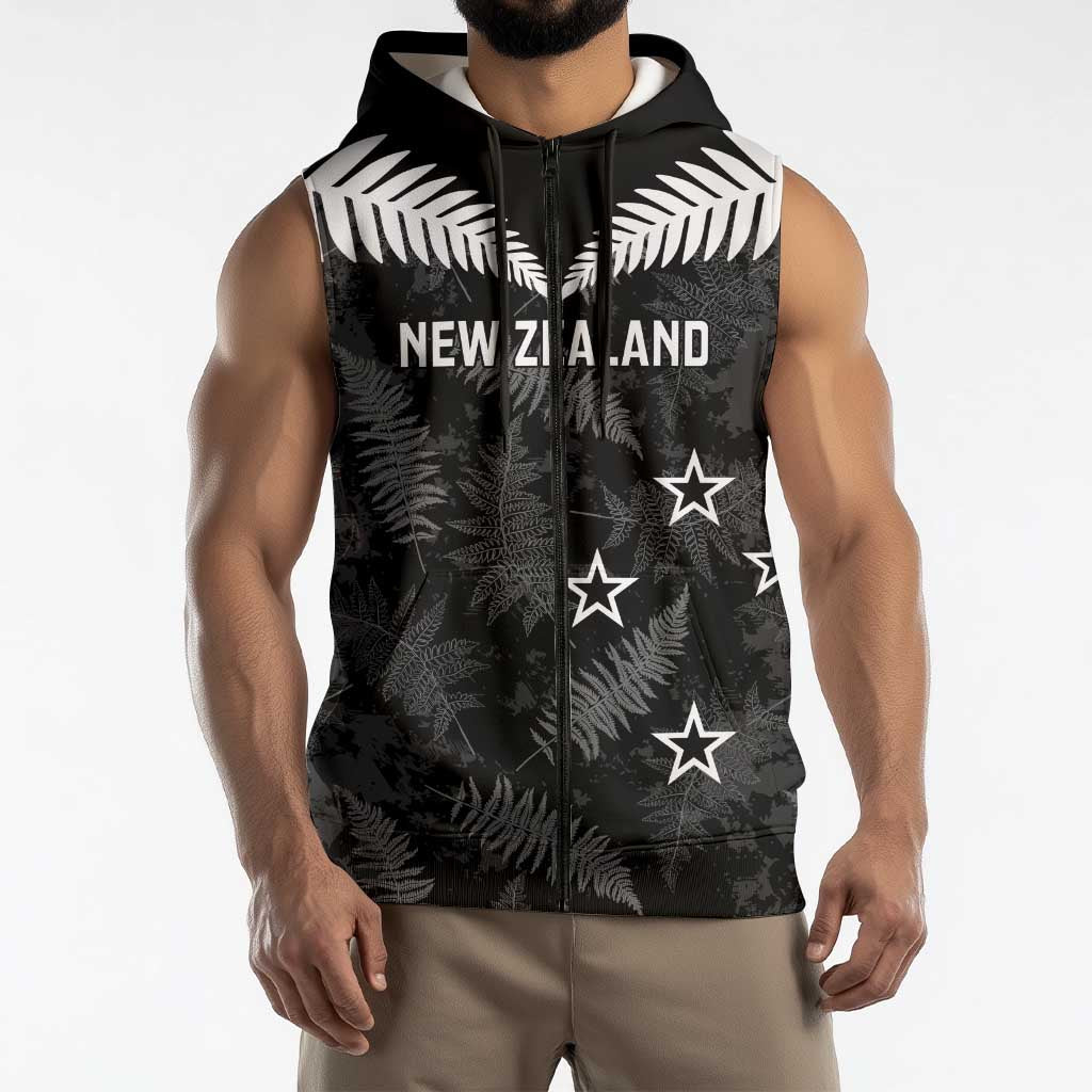 Custom New Zealand Silver Fern Football Sleeveless Zip Hoodie Go Aotearoa Grunge Black LT14 - Polynesian Pride