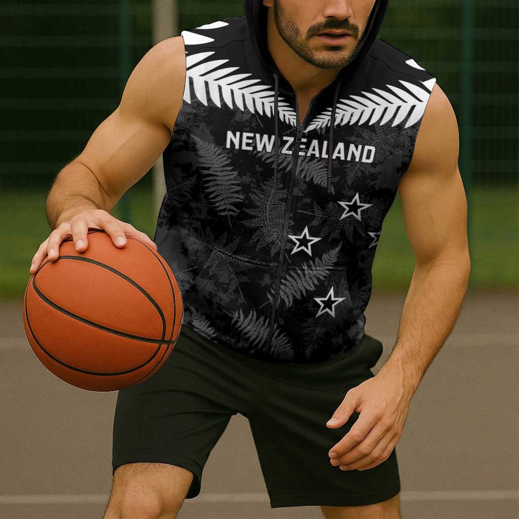 Custom New Zealand Silver Fern Football Sleeveless Zip Hoodie Go Aotearoa Grunge Black LT14 - Polynesian Pride
