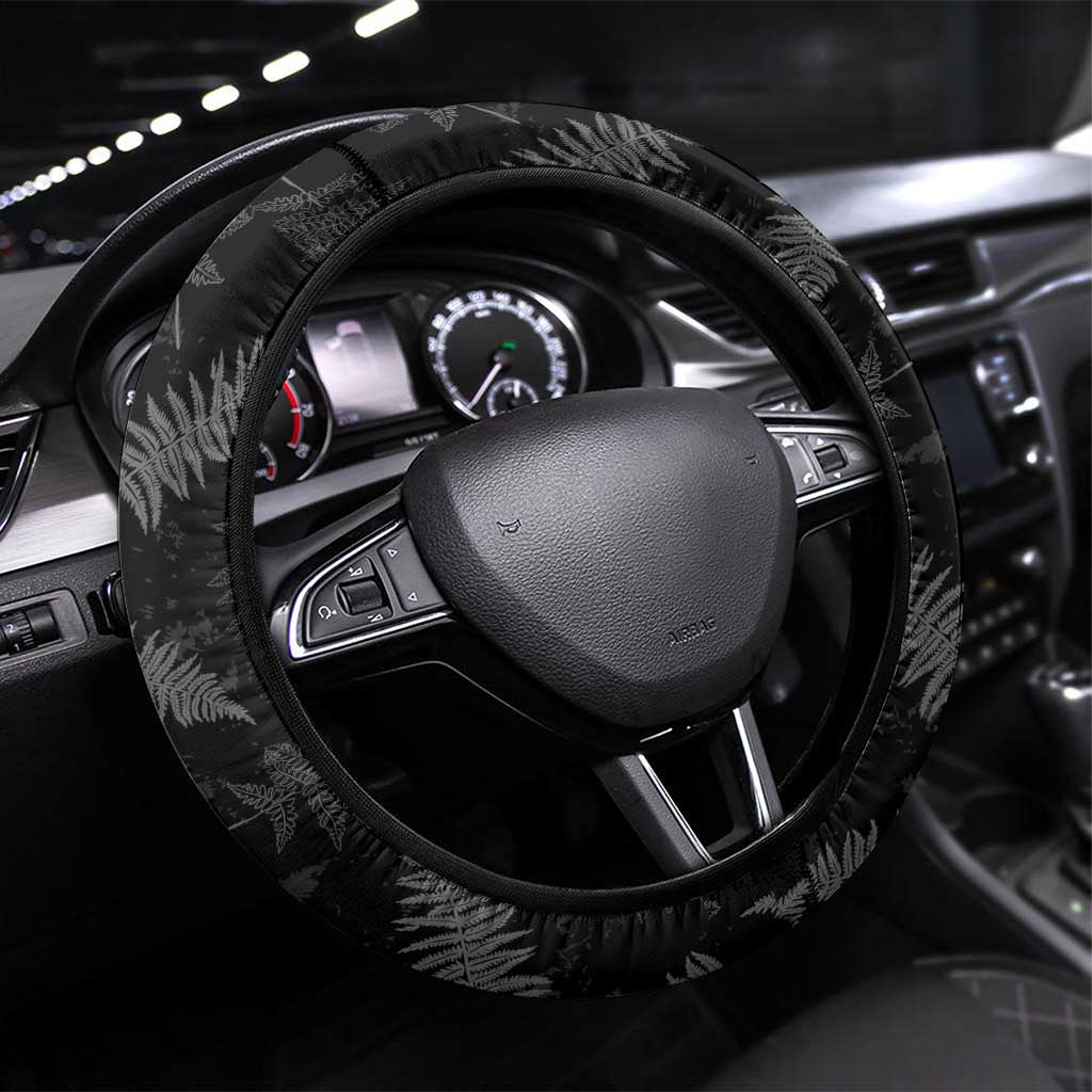 New Zealand Silver Fern Football Steering Wheel Cover Go Aotearoa Grunge Black - Polynesian Pride