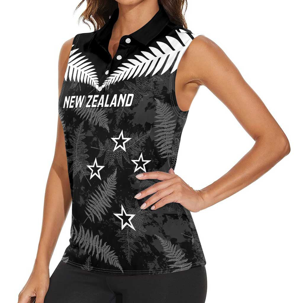 Custom New Zealand Silver Fern Football Women Sleeveless Polo Shirt Go Aotearoa Grunge Black LT14 - Polynesian Pride