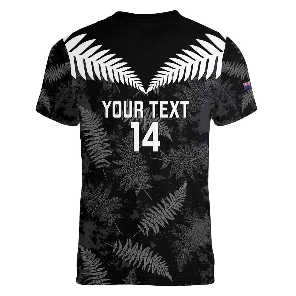 Custom New Zealand Silver Fern Football Women V-Neck T-Shirt Go Aotearoa Grunge Black LT14 - Polynesian Pride