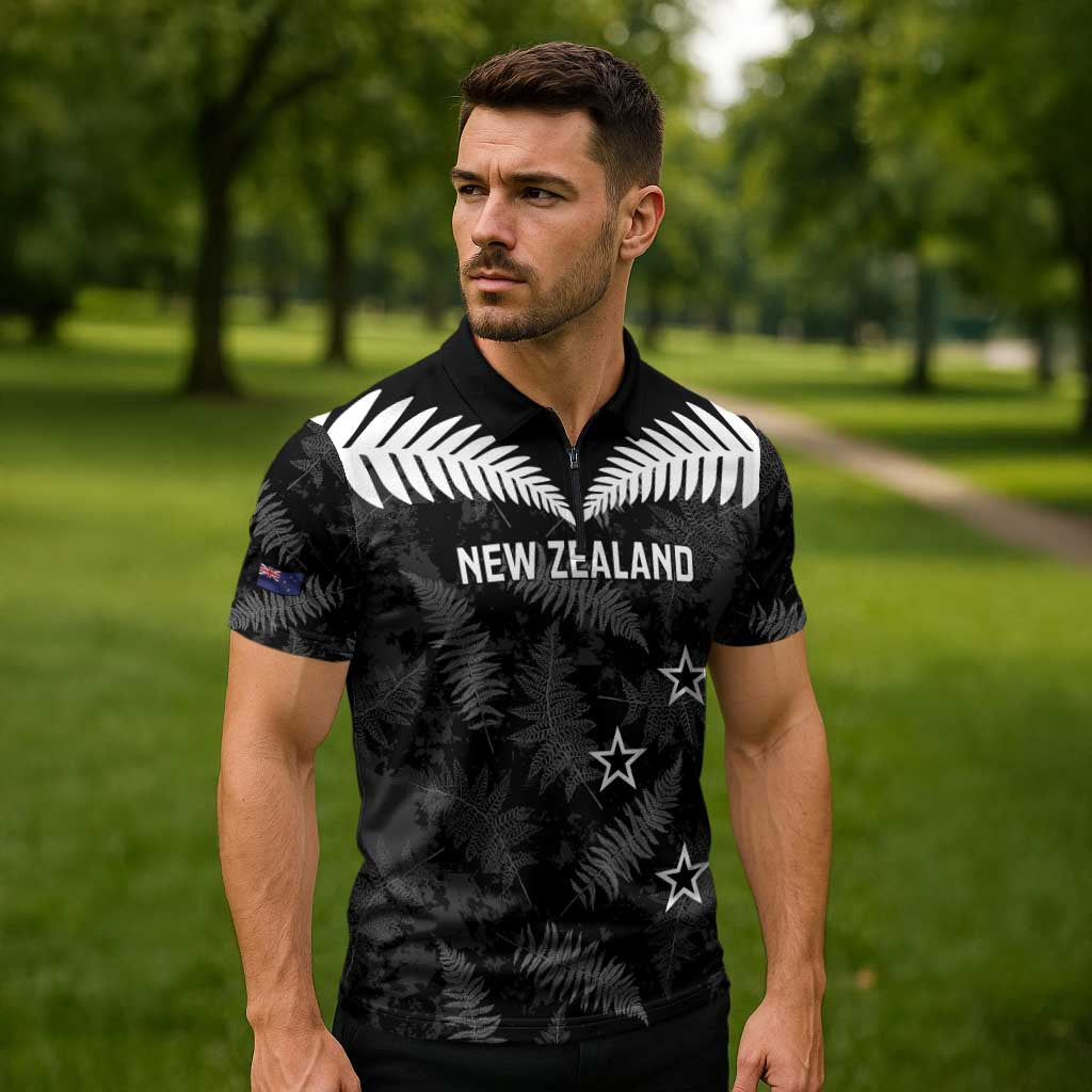 Custom New Zealand Silver Fern Football Zipper Polo Shirt Go Aotearoa Grunge Black LT14 - Polynesian Pride