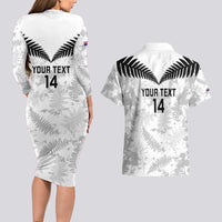 Custom New Zealand Silver Fern Football Couples Matching Long Sleeve Bodycon Dress and Hawaiian Shirt Go Aotearoa Grunge White LT14 - Polynesian Pride