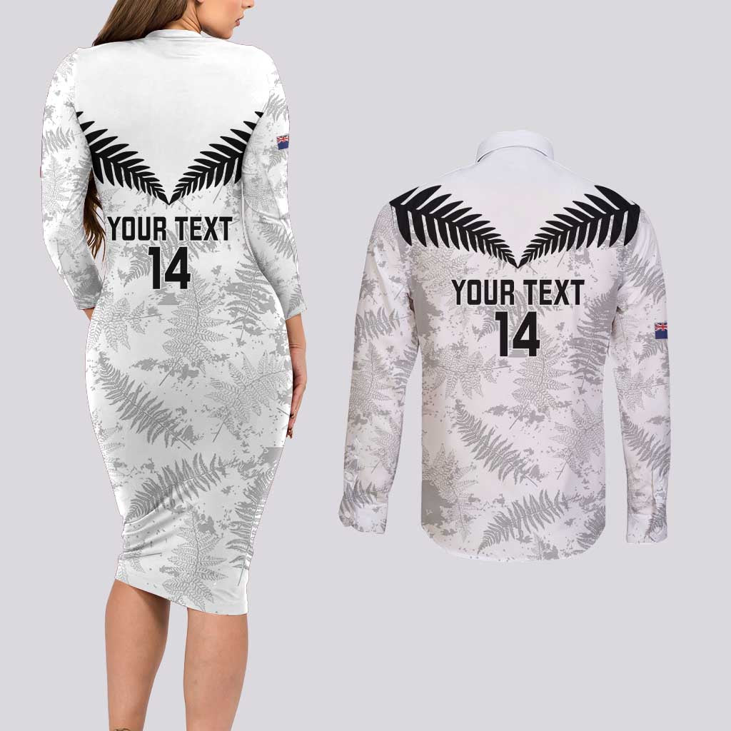 Custom New Zealand Silver Fern Football Couples Matching Long Sleeve Bodycon Dress and Long Sleeve Button Shirt Go Aotearoa Grunge White LT14 - Polynesian Pride