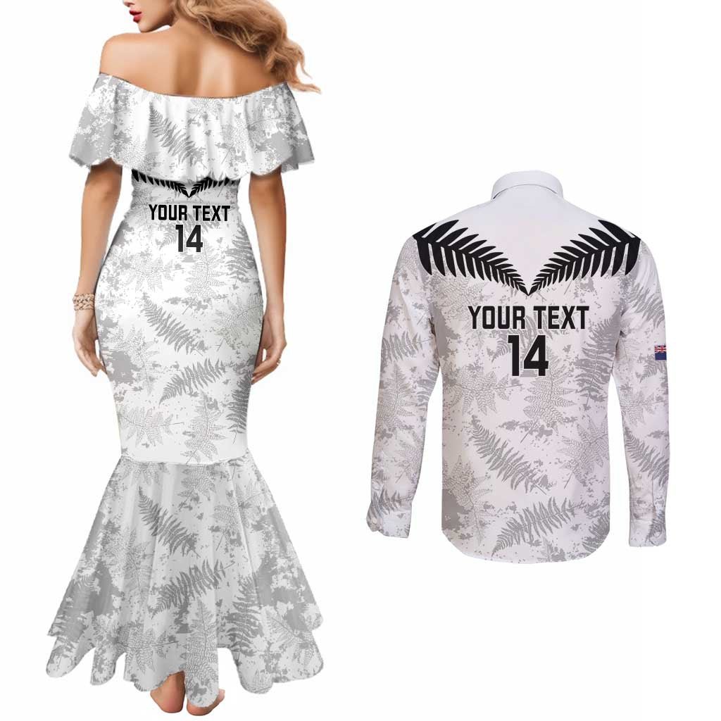 Custom New Zealand Silver Fern Football Couples Matching Mermaid Dress and Long Sleeve Button Shirt Go Aotearoa Grunge White LT14 - Polynesian Pride