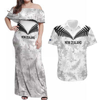 Custom New Zealand Silver Fern Football Couples Matching Off Shoulder Maxi Dress and Hawaiian Shirt Go Aotearoa Grunge White LT14 White - Polynesian Pride