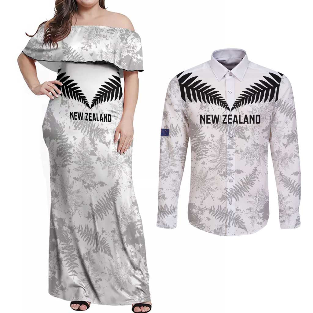 Custom New Zealand Silver Fern Football Couples Matching Off Shoulder Maxi Dress and Long Sleeve Button Shirt Go Aotearoa Grunge White LT14 White - Polynesian Pride