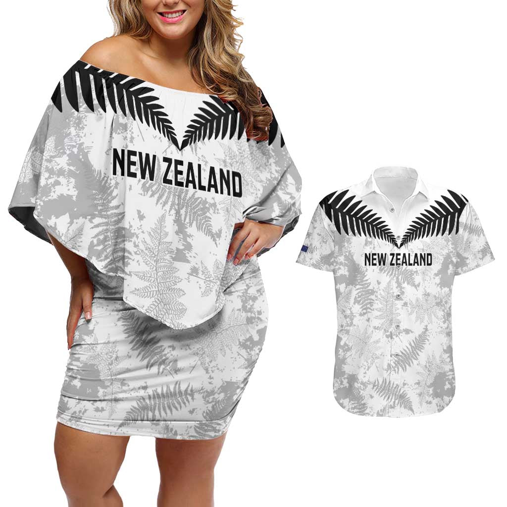 Custom New Zealand Silver Fern Football Couples Matching Off Shoulder Short Dress and Hawaiian Shirt Go Aotearoa Grunge White - Polynesian Pride