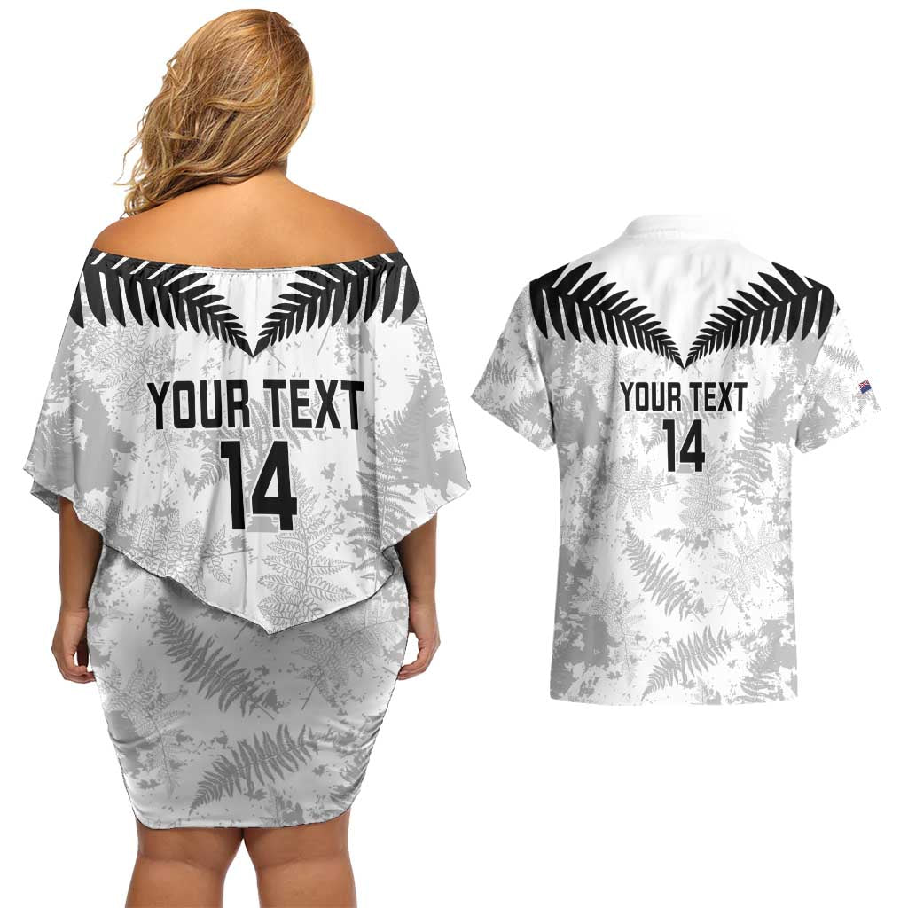 Custom New Zealand Silver Fern Football Couples Matching Off Shoulder Short Dress and Hawaiian Shirt Go Aotearoa Grunge White LT14 - Polynesian Pride