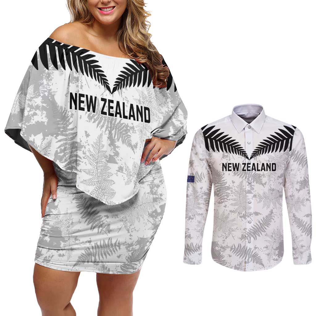 Custom New Zealand Silver Fern Football Couples Matching Off Shoulder Short Dress and Long Sleeve Button Shirt Go Aotearoa Grunge White LT14 White - Polynesian Pride