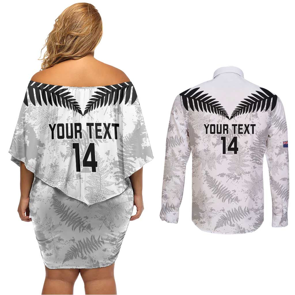 Custom New Zealand Silver Fern Football Couples Matching Off Shoulder Short Dress and Long Sleeve Button Shirt Go Aotearoa Grunge White LT14 - Polynesian Pride