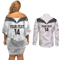 Custom New Zealand Silver Fern Football Couples Matching Off Shoulder Short Dress and Long Sleeve Button Shirt Go Aotearoa Grunge White LT14 - Polynesian Pride