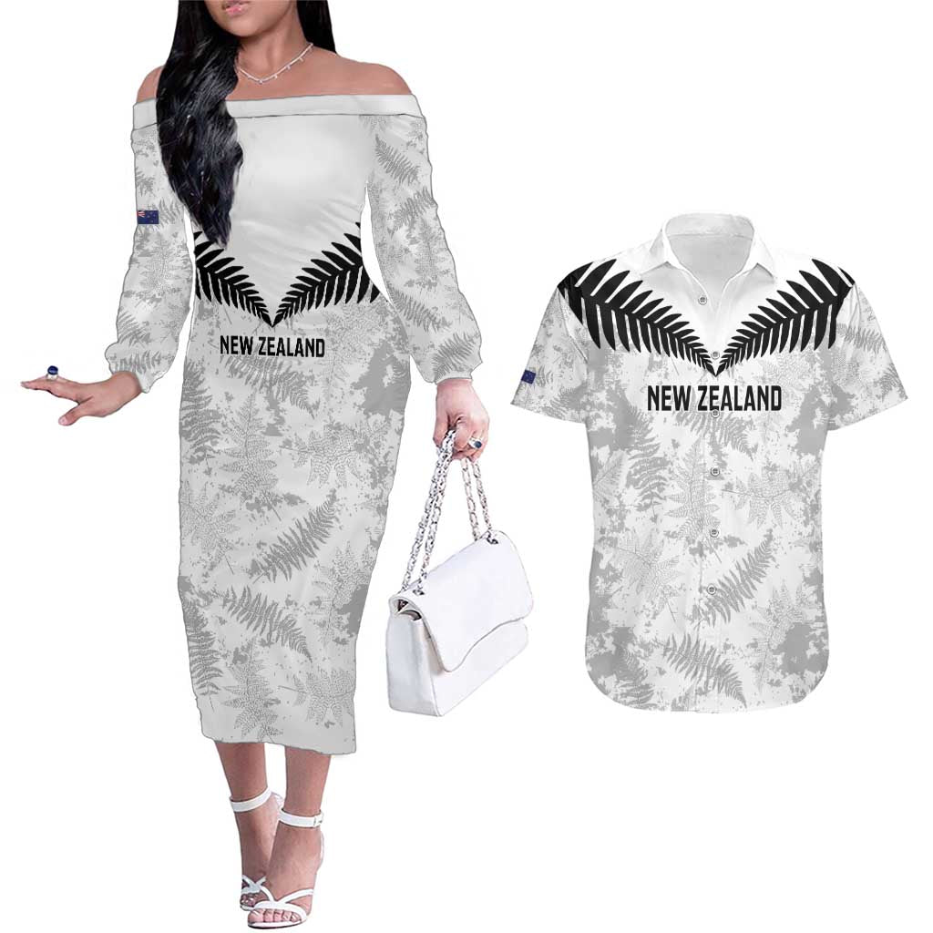 Custom New Zealand Silver Fern Football Couples Matching Off The Shoulder Long Sleeve Dress and Hawaiian Shirt Go Aotearoa Grunge White LT14 White - Polynesian Pride