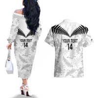 Custom New Zealand Silver Fern Football Couples Matching Off The Shoulder Long Sleeve Dress and Hawaiian Shirt Go Aotearoa Grunge White LT14 - Polynesian Pride