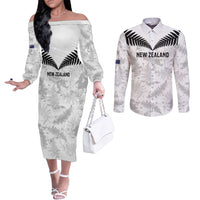 Custom New Zealand Silver Fern Football Couples Matching Off The Shoulder Long Sleeve Dress and Long Sleeve Button Shirt Go Aotearoa Grunge White LT14 White - Polynesian Pride
