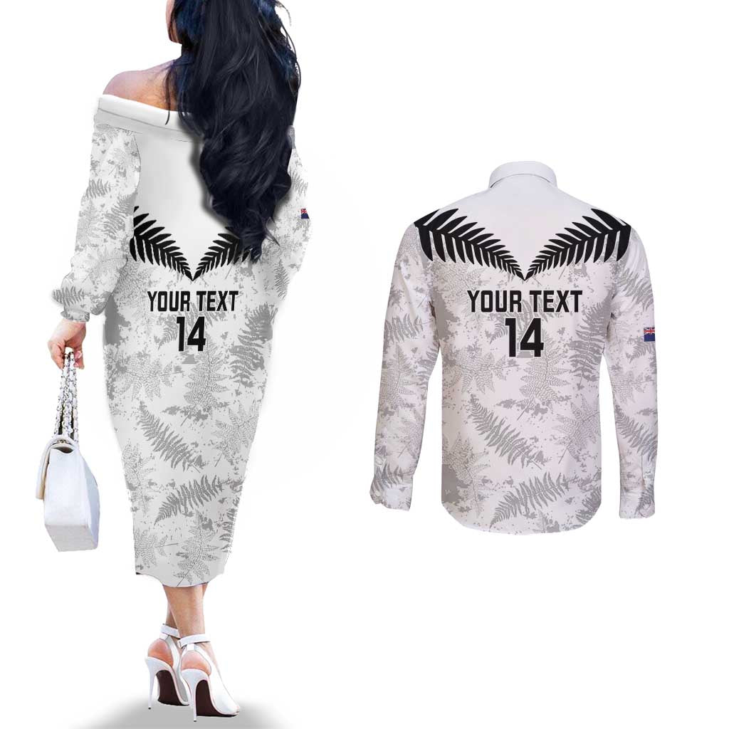 Custom New Zealand Silver Fern Football Couples Matching Off The Shoulder Long Sleeve Dress and Long Sleeve Button Shirt Go Aotearoa Grunge White LT14 - Polynesian Pride