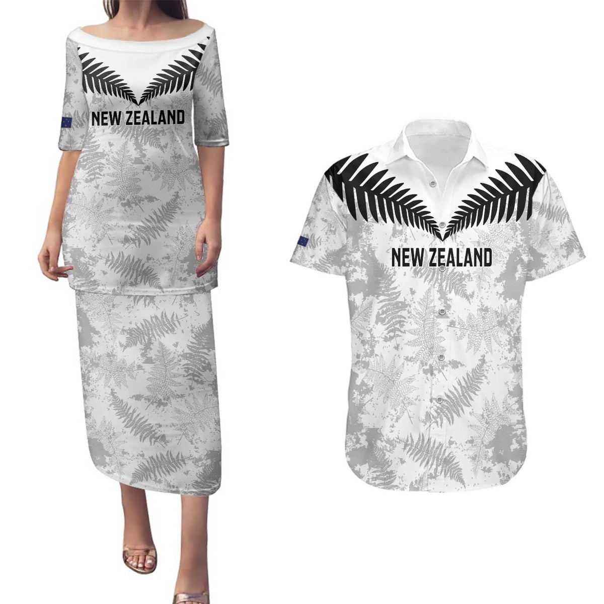 Custom New Zealand Silver Fern Football Couples Matching Puletasi and Hawaiian Shirt Go Aotearoa Grunge White LT14 White - Polynesian Pride