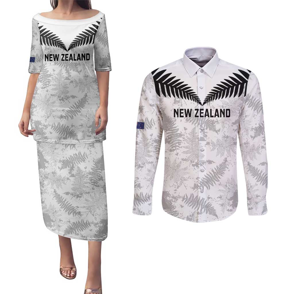 Custom New Zealand Silver Fern Football Couples Matching Puletasi and Long Sleeve Button Shirt Go Aotearoa Grunge White LT14 White - Polynesian Pride