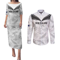 Custom New Zealand Silver Fern Football Couples Matching Puletasi and Long Sleeve Button Shirt Go Aotearoa Grunge White LT14 White - Polynesian Pride