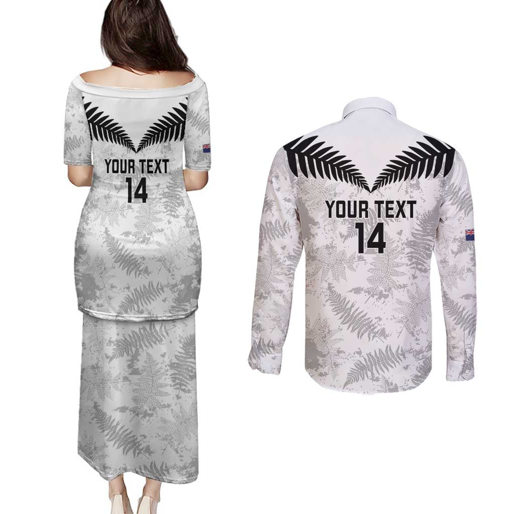 Custom New Zealand Silver Fern Football Couples Matching Puletasi and Long Sleeve Button Shirt Go Aotearoa Grunge White LT14 - Polynesian Pride