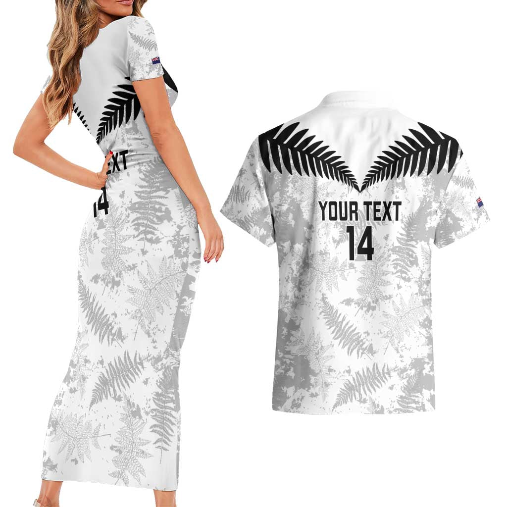 Custom New Zealand Silver Fern Football Couples Matching Short Sleeve Bodycon Dress and Hawaiian Shirt Go Aotearoa Grunge White LT14 - Polynesian Pride