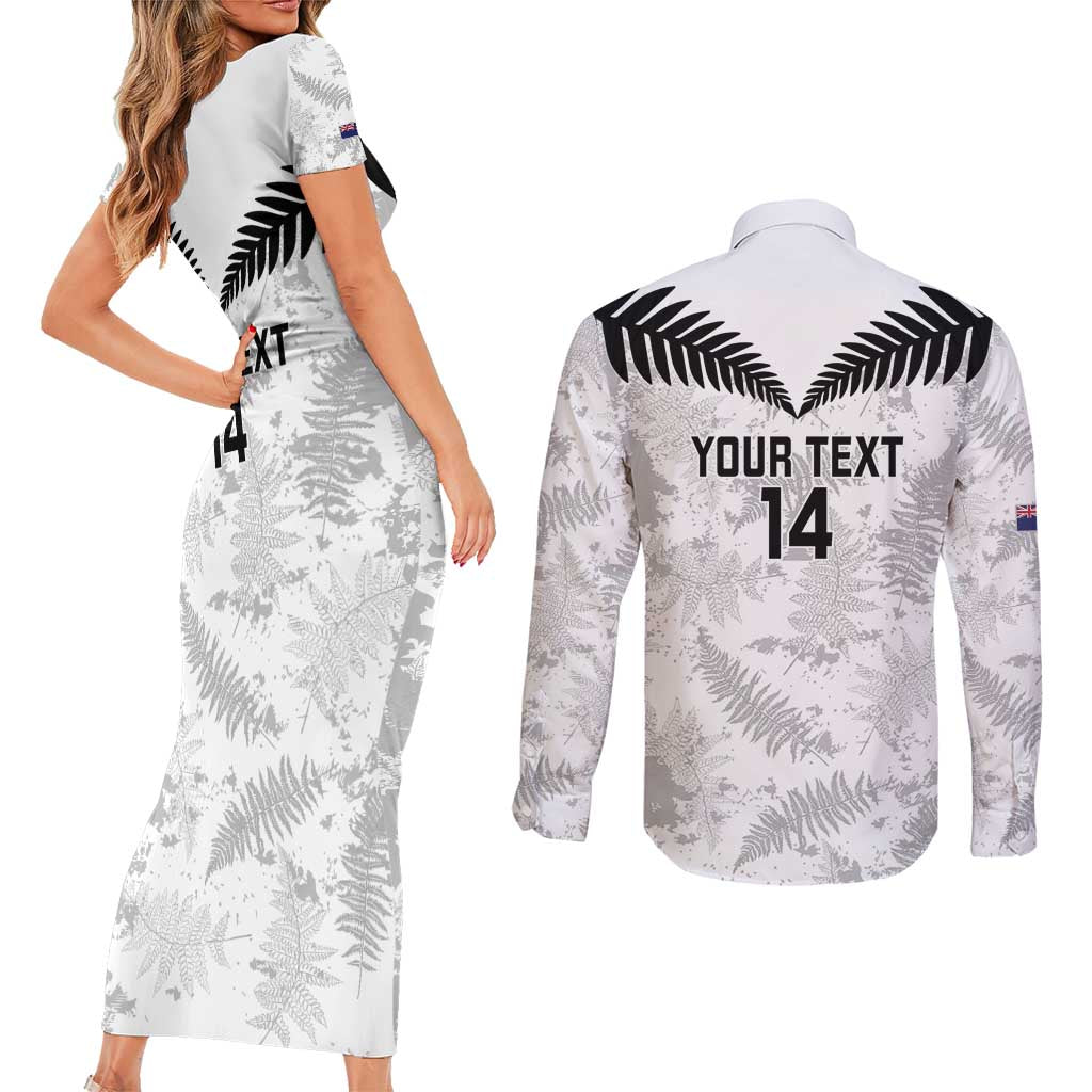 Custom New Zealand Silver Fern Football Couples Matching Short Sleeve Bodycon Dress and Long Sleeve Button Shirt Go Aotearoa Grunge White LT14 - Polynesian Pride