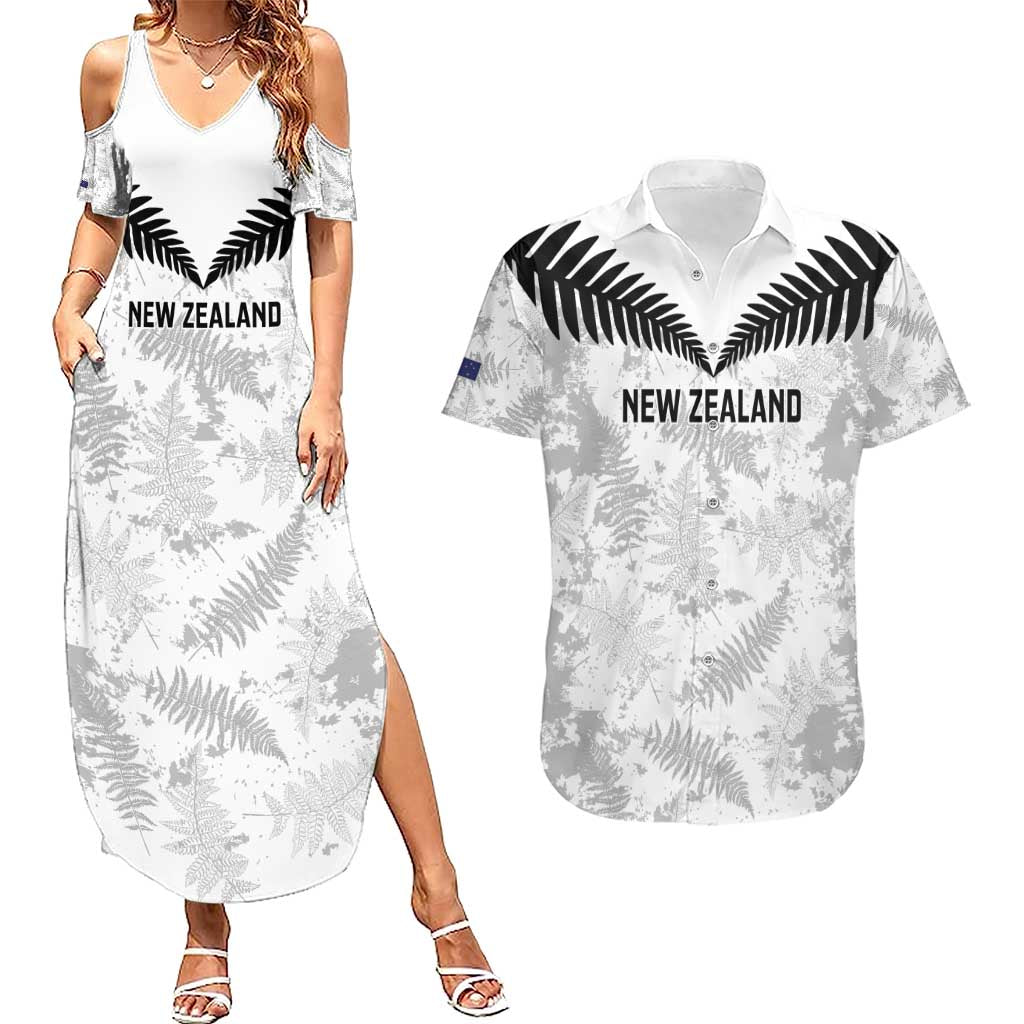 Custom New Zealand Silver Fern Football Couples Matching Summer Maxi Dress and Hawaiian Shirt Go Aotearoa Grunge White LT14 White - Polynesian Pride