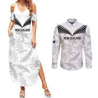 Custom New Zealand Silver Fern Football Couples Matching Summer Maxi Dress and Long Sleeve Button Shirt Go Aotearoa Grunge White LT14 White - Polynesian Pride