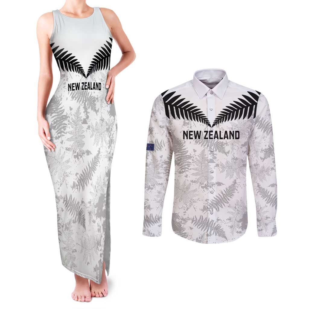 Custom New Zealand Silver Fern Football Couples Matching Tank Maxi Dress and Long Sleeve Button Shirt Go Aotearoa Grunge White LT14 White - Polynesian Pride