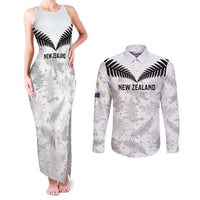 Custom New Zealand Silver Fern Football Couples Matching Tank Maxi Dress and Long Sleeve Button Shirt Go Aotearoa Grunge White LT14 White - Polynesian Pride
